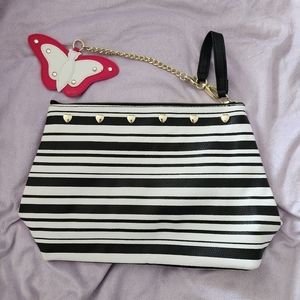 Betsey Johnson Black and White Makeup Bag with Pink Butterfly Charm NWOT